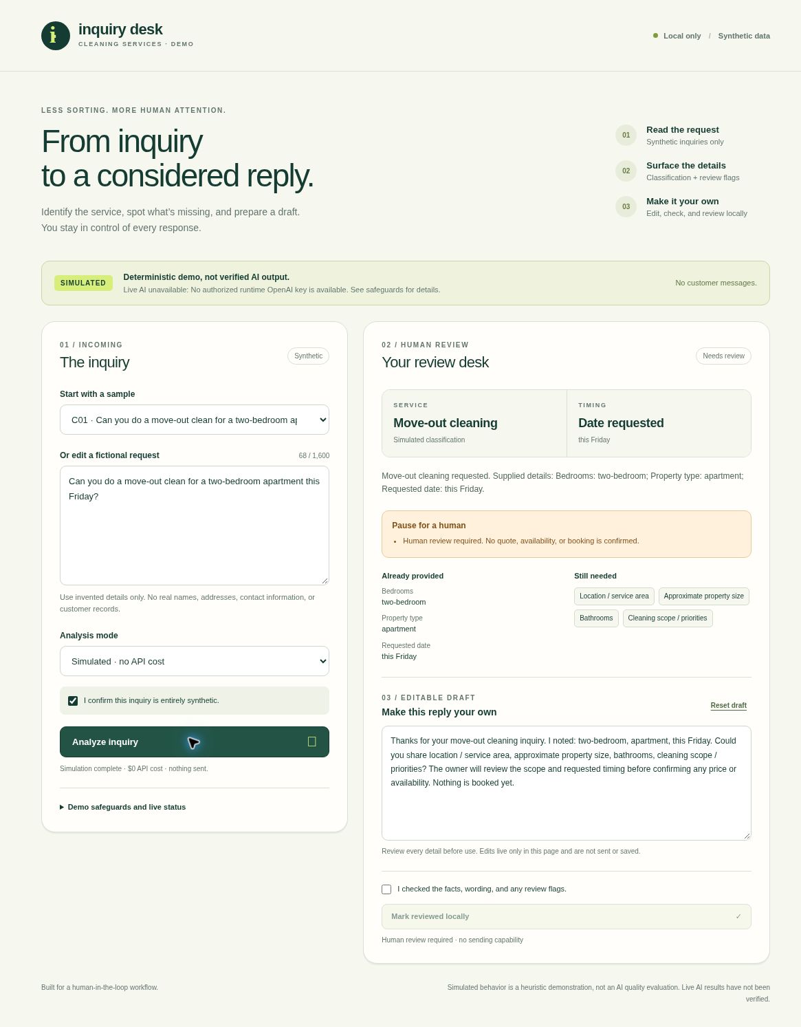 Desktop screenshot of the simulated inquiry review desk showing a synthetic move-out cleaning inquiry and editable reply
