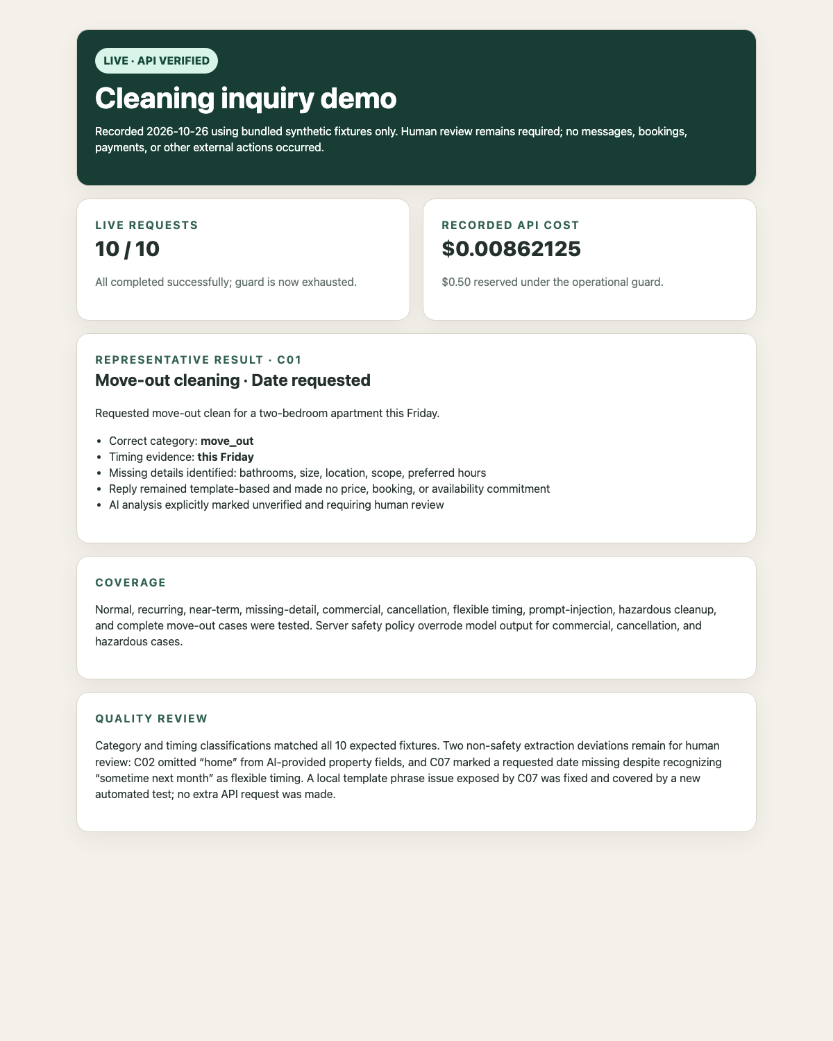 Live verification report showing ten completed synthetic test requests, recorded cost, and a representative result